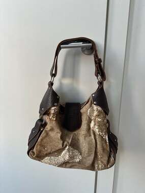 Tylie Malibu Distressed Crackle Metallic Suede Hobo Bag with Leather Accents